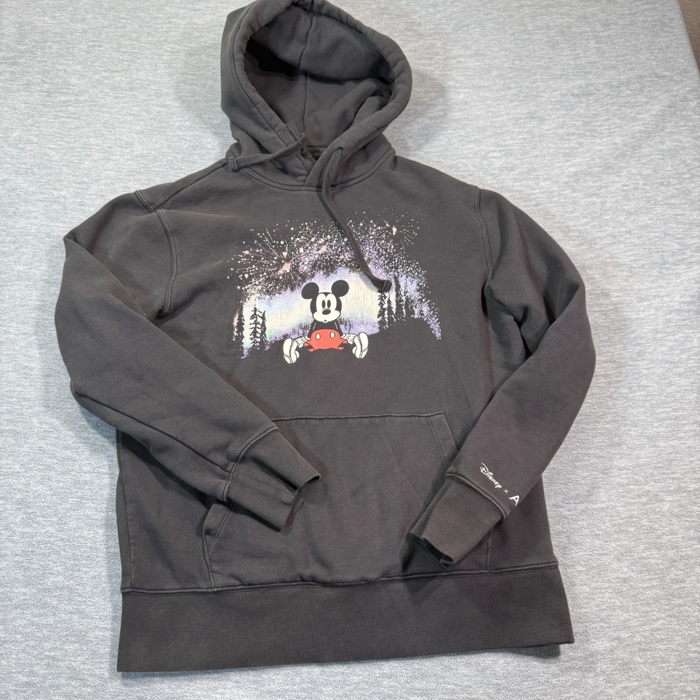 Disney AE Hoodie Adult M Gray Mickey Fireworks Graphic Pullover Sweatshirt